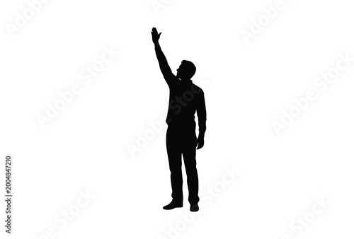 Foto A man raising his hand in a dynamic pose stark black silhouette