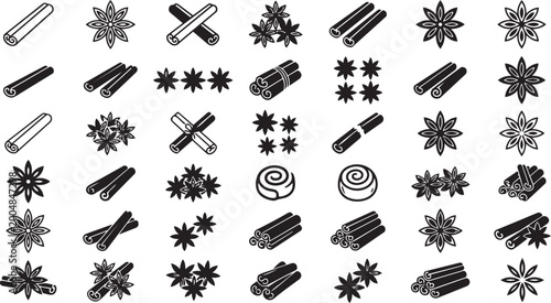 Billede på lærred Collection of cinnamon stick and star anise spice icons in various styles