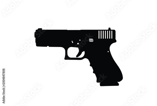 Photography A stark black silhouette of a handgun depicted against a white background silhou