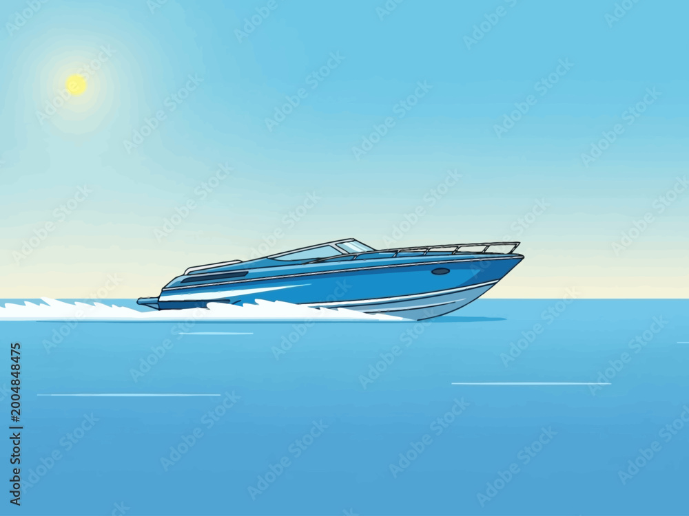 Naklejka premium Sleek Blue Motor Yacht Speeding Across Calm Ocean Waters.
