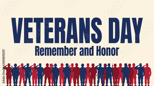 Photos Veterans Day commemorative illustration featuring rows of saluting soldier silhouettes in red and blue with honorary text on a cream background