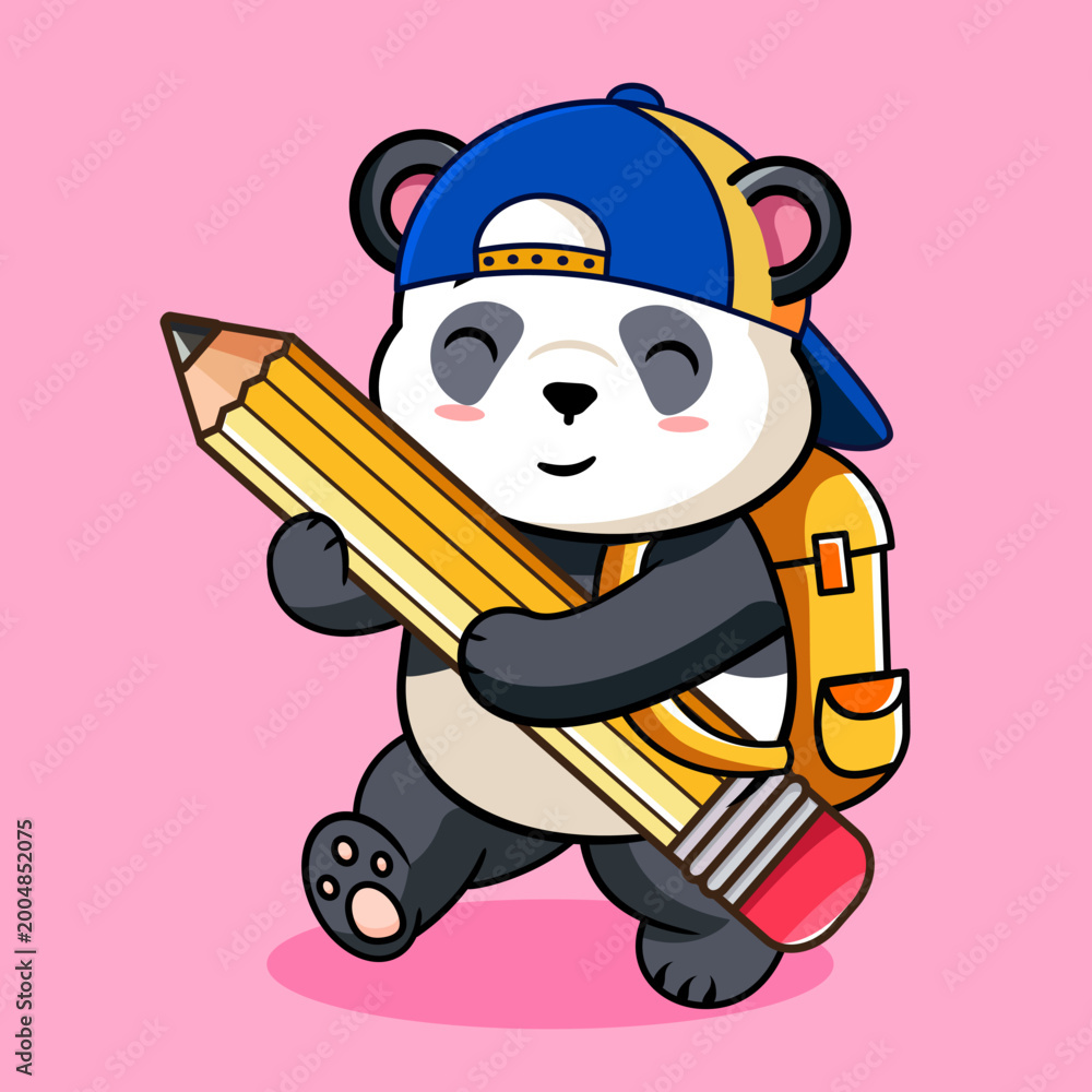 Naklejka premium Cute Panda Student with Backpack and Pencil Ready for Back to School Vector Illustration Kawaii 