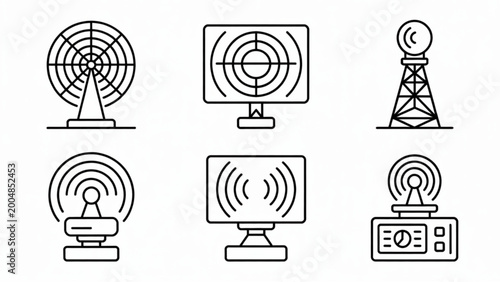 Minimal Air Defense Radar Silhouette Icon Set Surveillance Dome, Tracking System and Military Monitoring Vector Collection