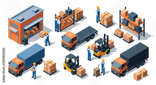 Isometric illustration of warehouse workers loading packages onto trucks and forklifts with industrial equipment and boxes in a modern warehouse setting with a neutral