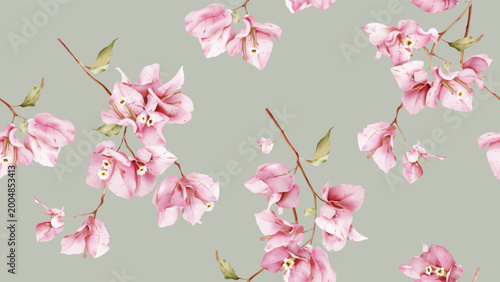 Floral seamless pattern featuring watercolor-style pink Bougainvillea flowers...
