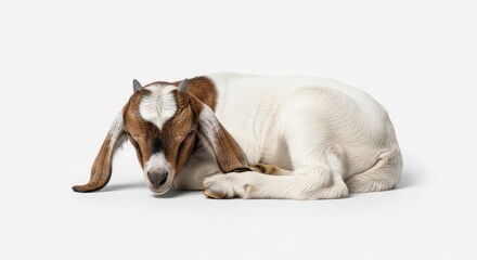 Adorable young goat peacefully sleeping on a clean white background