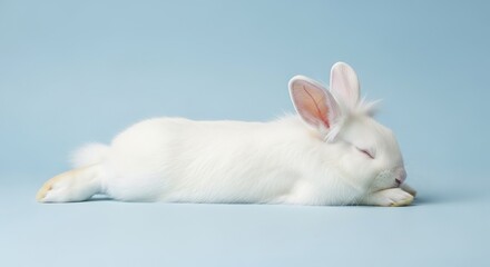 A fluffy white rabbit resting peacefully against a soft blue background
