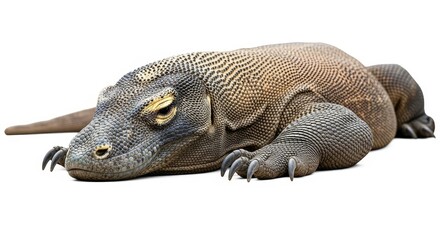 Close-up profile of a Komodo dragon reptile with detailed scales and claws, isolated on a white background