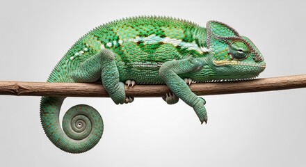 Detailed Realistic Green Chameleon Resting on a Wooden Branch with Curled Tail