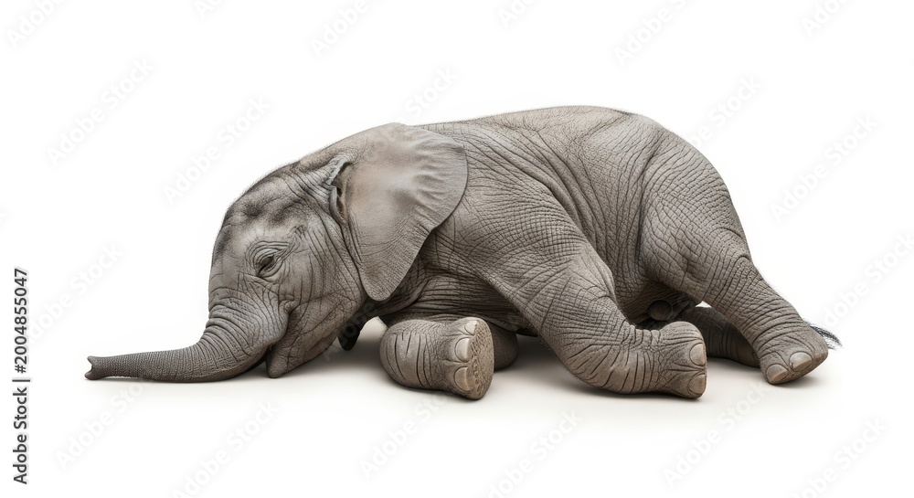 Fototapeta premium Adorable baby elephant resting peacefully on a plain white background, isolated for clear depiction