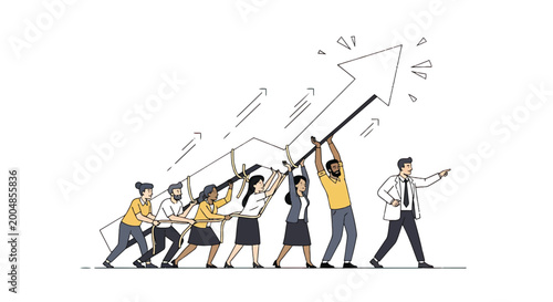 Business people pulling up arrow graph.