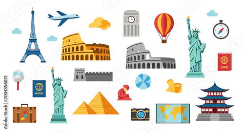 Collection of famous travel landmarks icons.