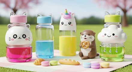 Colorful cartoon animal bottles and sweets.