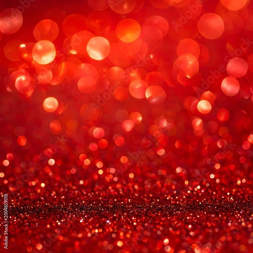 A vibrant red background with bokeh lights and glitter