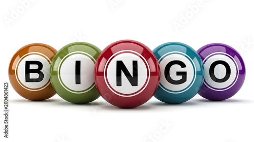 Colorful bingo balls arranged in a row spelling out the word bingo against a plain white studio background surface area