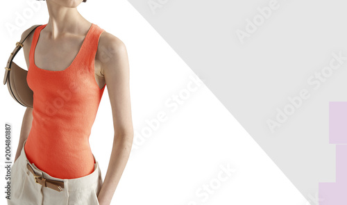  Bright summer outfit with red top white stylish model shorts, Bage and handbag on white background background