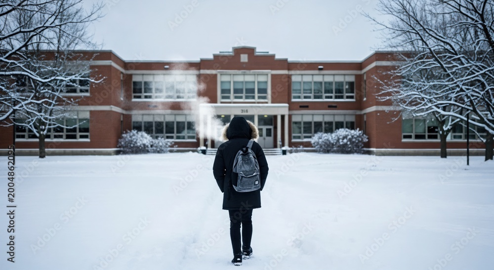 Fototapeta premium Student with backpack walking to school building on a cold snowy winter day