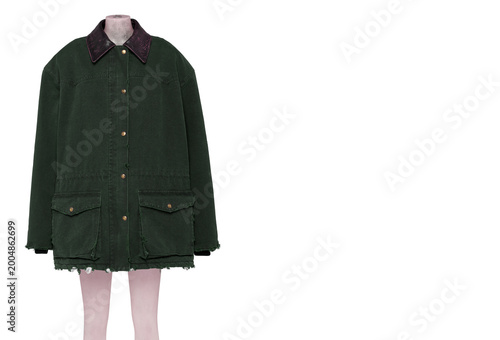 Modern fashion product photography featuring an oversized dark green women’s jacket displayed on a mannequin against a pastel blue geometric background. Ideal for luxury outerwear branding, 