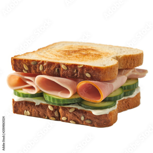 Toasted sandwich with ham slices and fresh cucumber rounds on whole grain bread with seeds