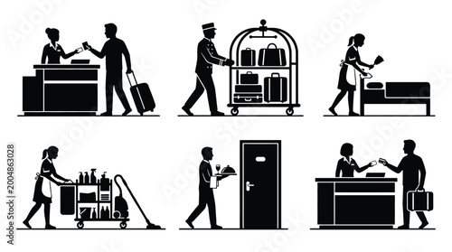 Fotografie Set of hotel staff silhouettes, including receptionist, bellboy, housekeeper, an