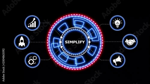 Simplify concept motion graphic with business icons. Animated digital interface showcasing simplify concept with business iconography and data growth elements in glowing style.