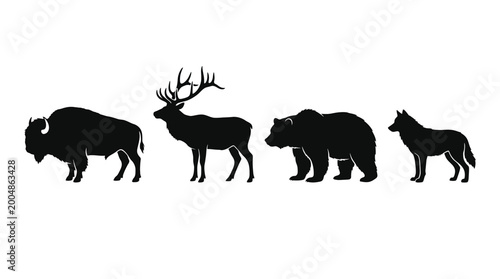 Photography Set of wild animals silhouettes, bison, elk, bear and wolf