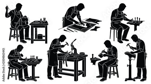 Tableau sur toile Set of leather craft silhouettes, shoemaker and artisan working with leather too