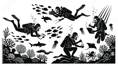 Foto Scuba divers exploring underwater marine life and coral reefs, vector illustrati