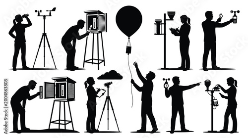 Принти на полотні Silhouettes of people conducting weather observations and using meteorological e