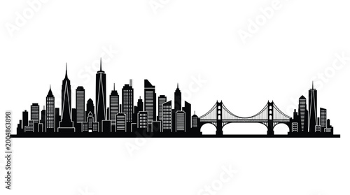 San francisco city skyline silhouette with golden gate bridge, vector illustration of famous landmarks, urban cityscape design element for travel posters, banners, and web graphics
