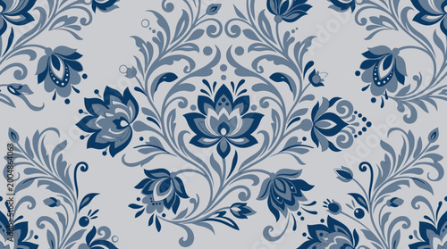 Photos Blue and white damask floral pattern with ornate motifs for textile and graphic design