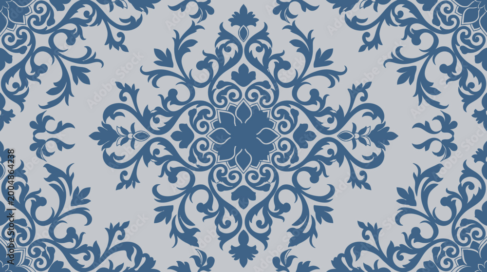 Obraz premium Intricate blue damask pattern with symmetrical floral motifs on a light background.