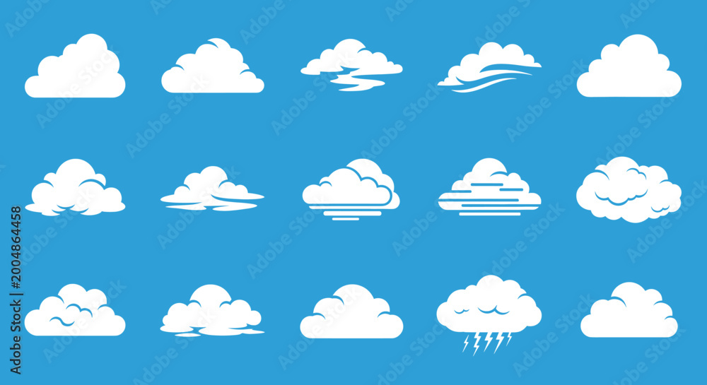 Fototapeta premium Diverse cloud shapes and weather related icons perfect for app interfaces and digital forecast designs