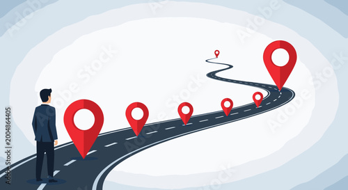 Man on winding road with red location pins, representing a strategic business journey.
