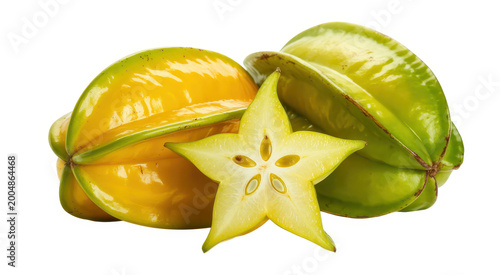 Whole and sliced star fruit showing internal five pointed shape on a plain white background