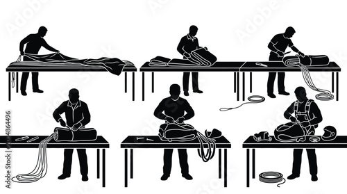Photos Set of silhouettes of a parachute rigger packing a parachute