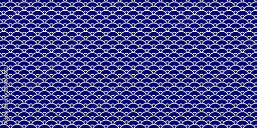 Abstract Japanese Seigaiha summer wave pattern with overlapping semicircles in white on dark blue background. Traditional geometric design for wallpaper, decoration, seamless background and vector 
