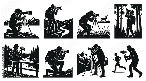 Obraz na plátně Set of black and white silhouettes of photographers and videographers in various