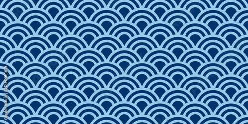 Tableau sur toile Abstract Japanese Seigaiha summer wave pattern with overlapping semicircles in white on dark blue background