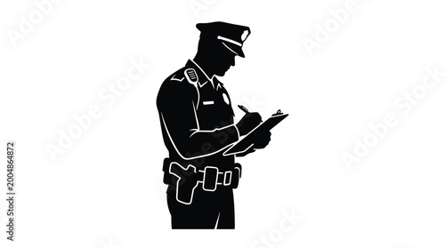 Bild auf Leinwand Silhouette of a police officer writing on a clipboard, wearing a uniform with a