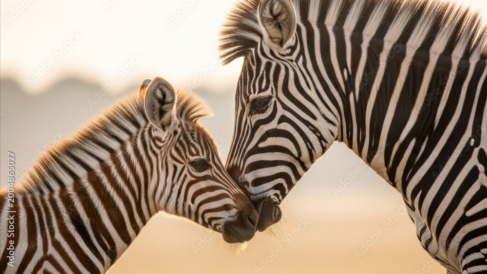 Fototapeta premium Animal - Zebra Mother and Foal Touching Noses in Warm Golden Light on African Savanna at Sunset