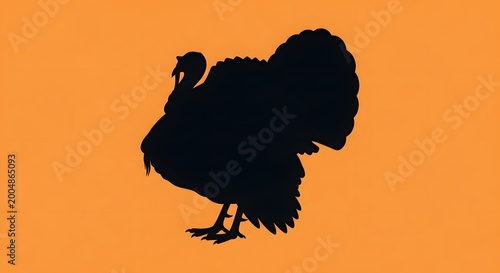 Black silhouette of a wild turkey against a vibrant orange background.