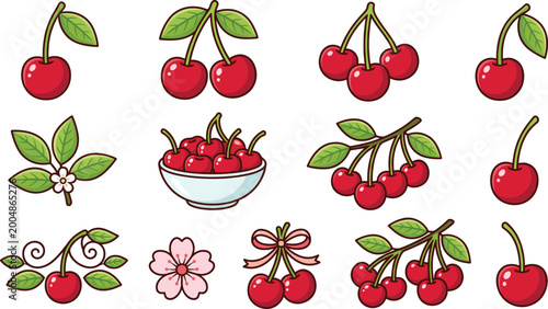 Cherry fruit vector illustration set with fresh cherries leaves branches blossoms and bowl elements colorful detailed design isolated on white background