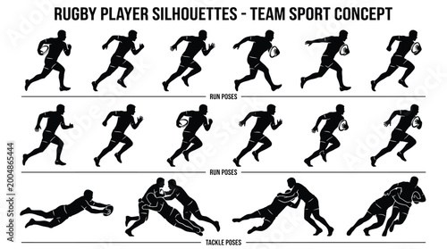 Tableau sur toile Set of rugby player silhouettes in various running and tackling poses
