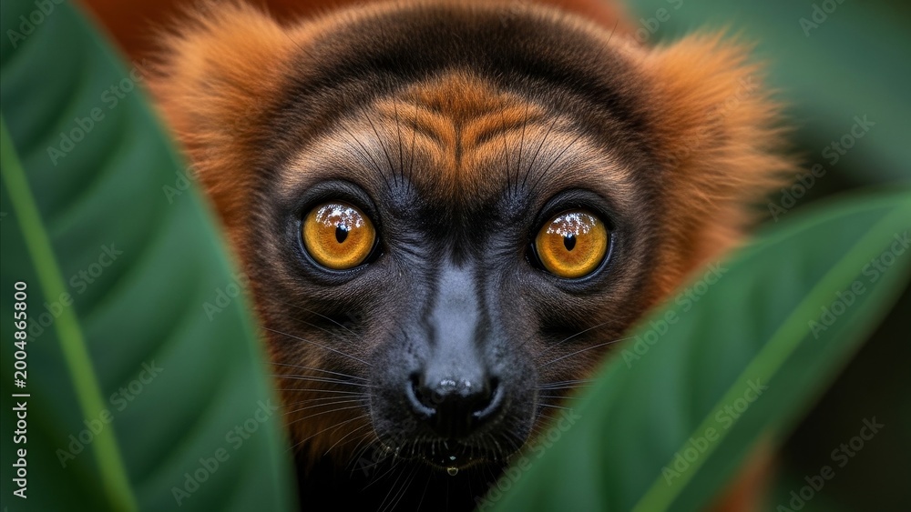Fototapeta premium Animal - Red Ruffed Lemur Face Close Up With Vivid Golden Eyes Peering Through Tropical Green Leaves