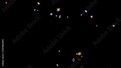 Softly colored abstract shapes and petal-like forms drift gently in a dark void, illuminated by faint light.