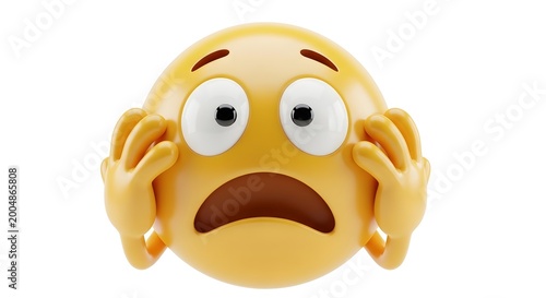 3D Render of a Scared Emoji Face with Hands on Head.