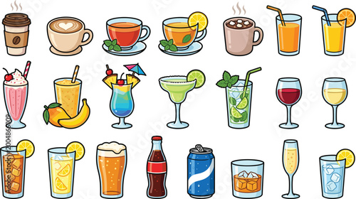Bild auf Leinwand Hand drawn drinks collection set with coffee tea cocktails juice soda beer wine