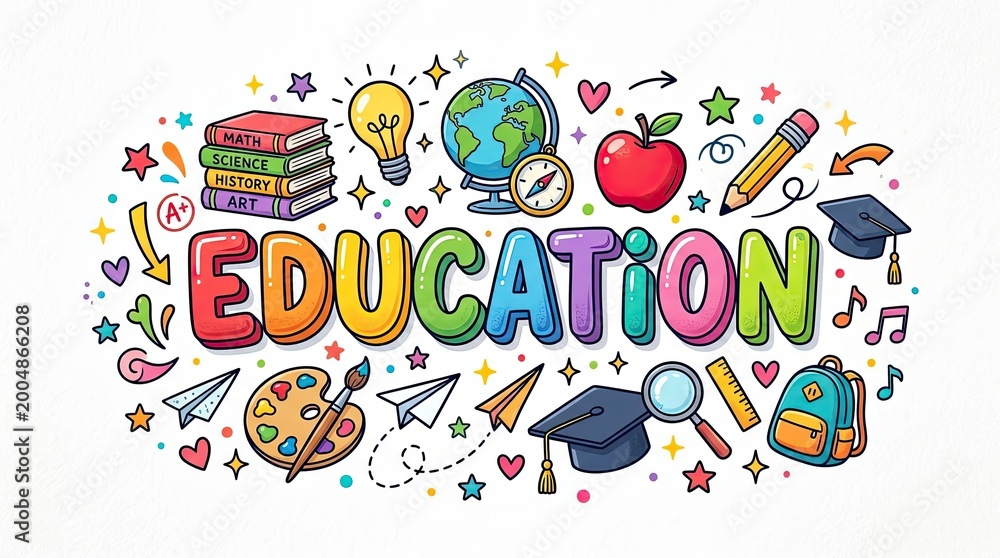 Fototapeta premium Colorful education word art surrounded by hand drawn school supplies like books pencils globes and graduation caps on white background