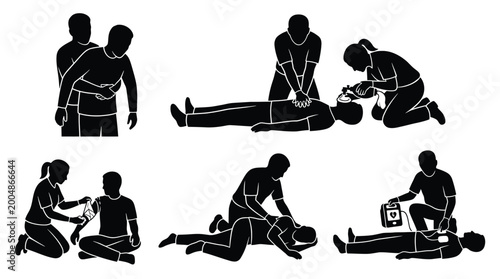 Foto Set of first aid icons, including cpr, heimlich maneuver, wound dressing, recove